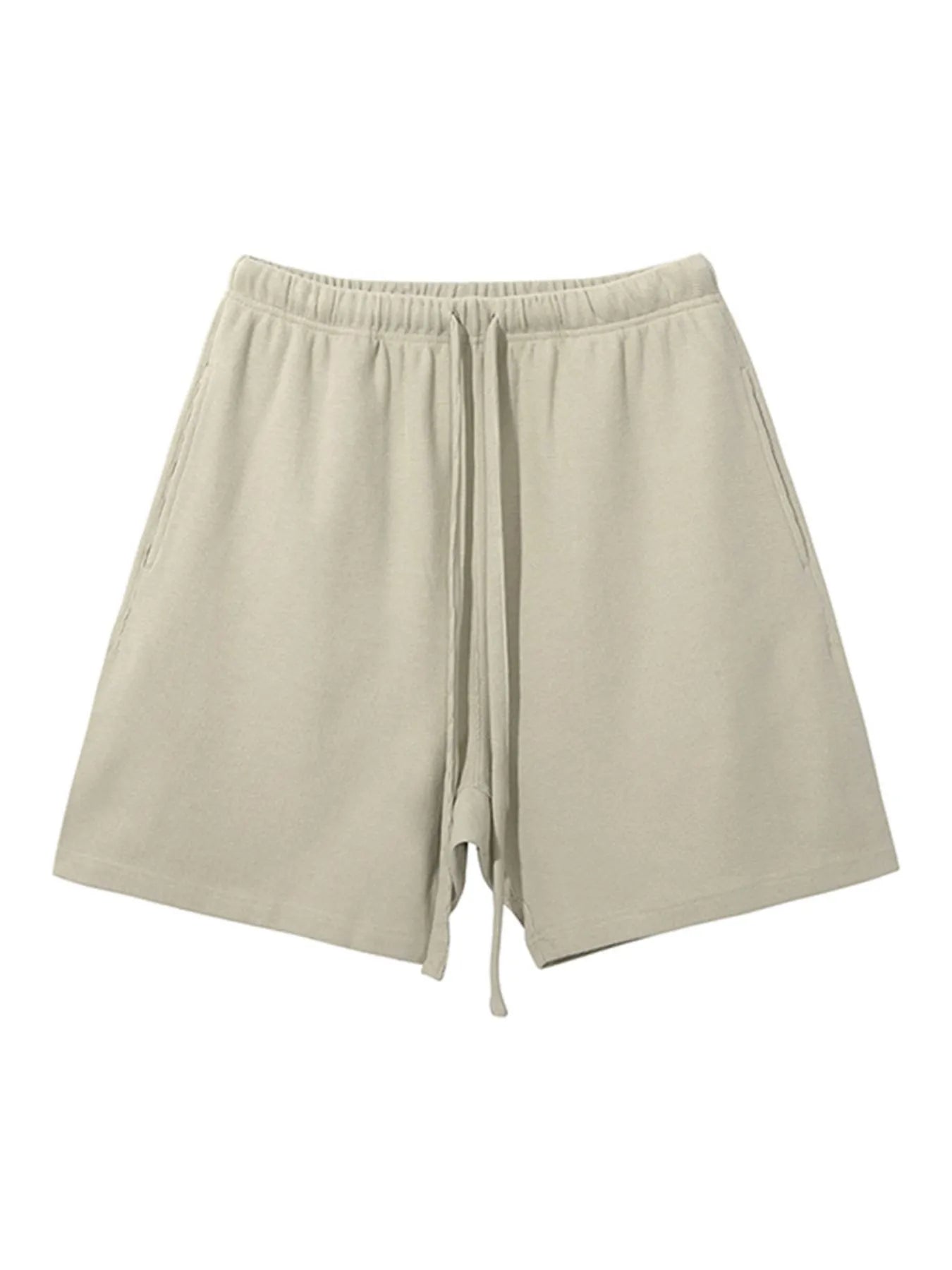 Men's beige waffle shorts with elastic waist and drawstring tie, side pockets