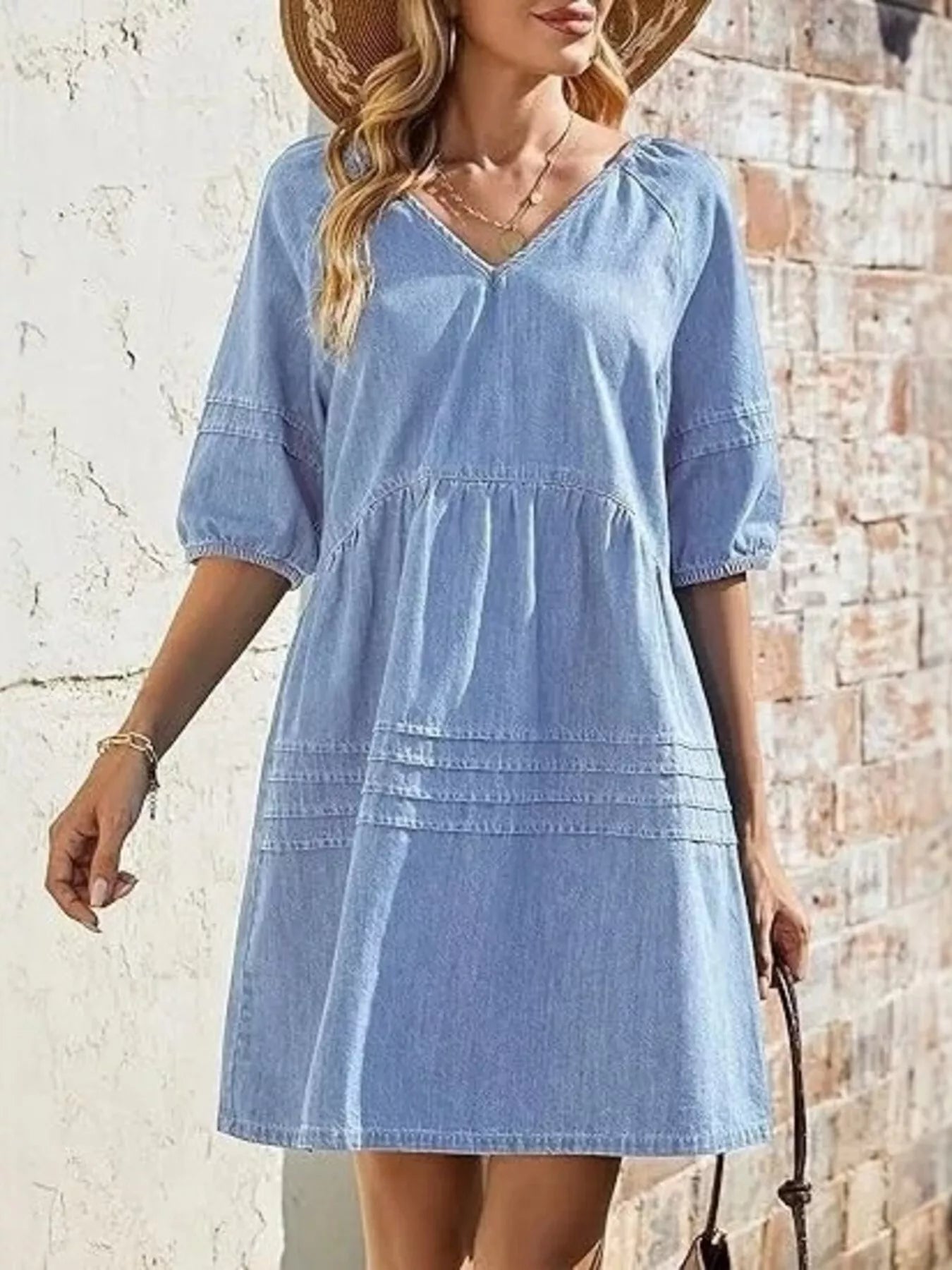Cedar & Moore Casual V-Neck Puff Sleeve Denim Mini Dress in light blue denim with short puff sleeves
