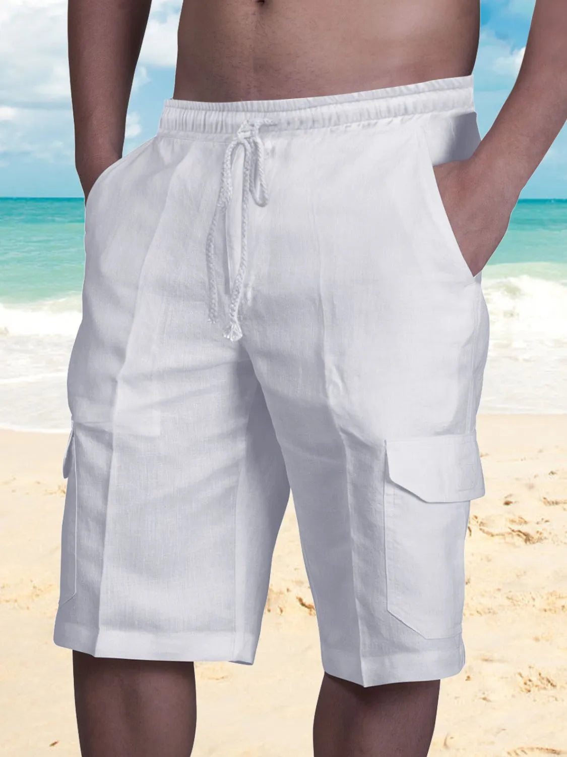 Men's cotton-blend drawstring cargo shorts, white, side flap pocket