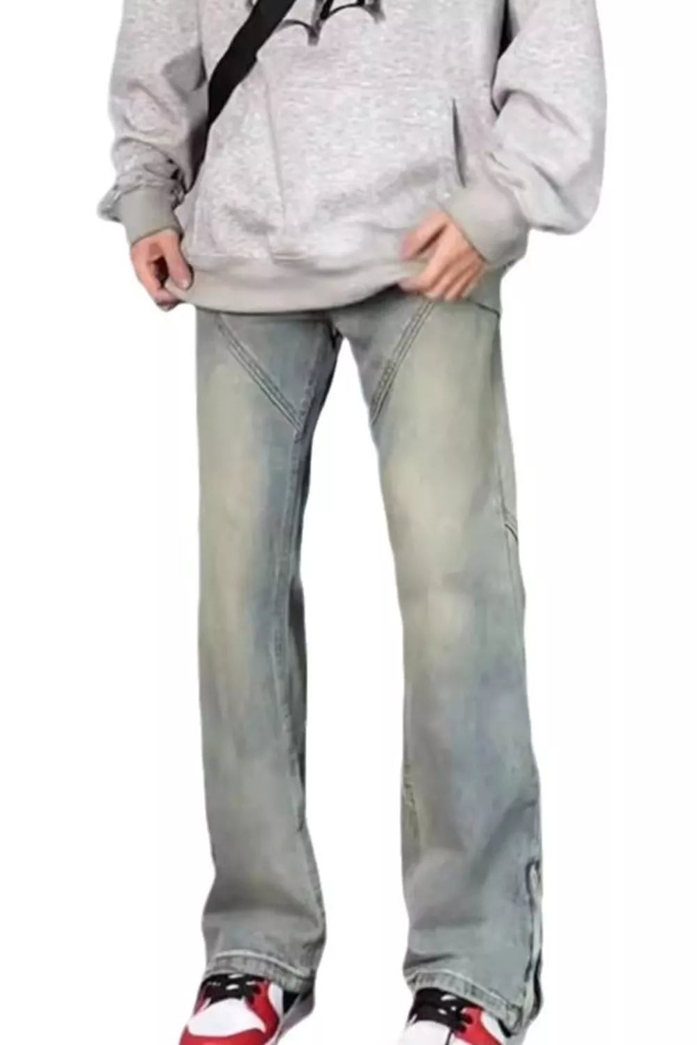 Light wash wide-leg stretch jeans with straight wide legs and faded finish