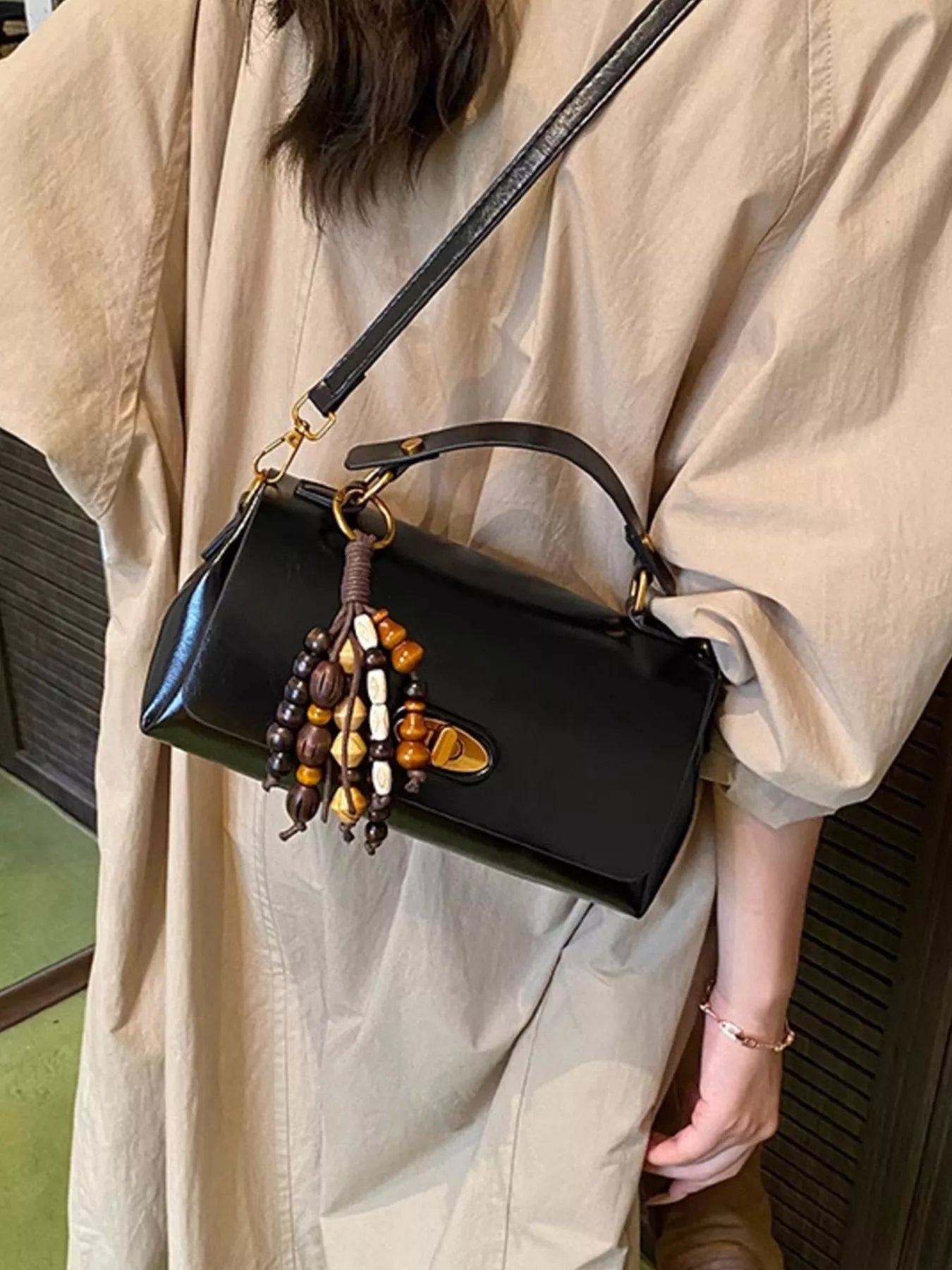 Flap PU Leather Shoulder Bag, black with gold hardware and bead tassel charm
