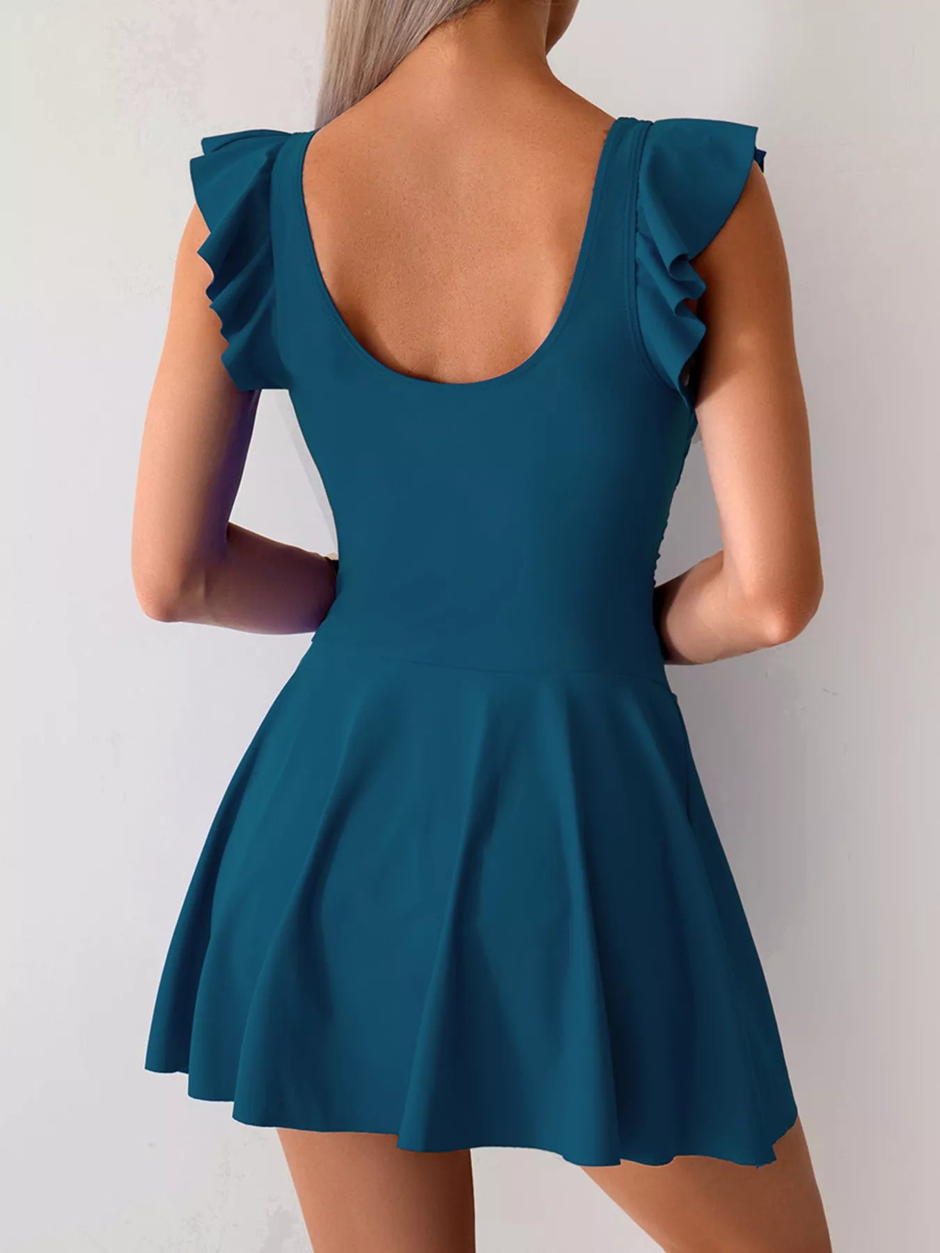 Ruffled Sleeve One-Piece Swim Dress in teal, back view