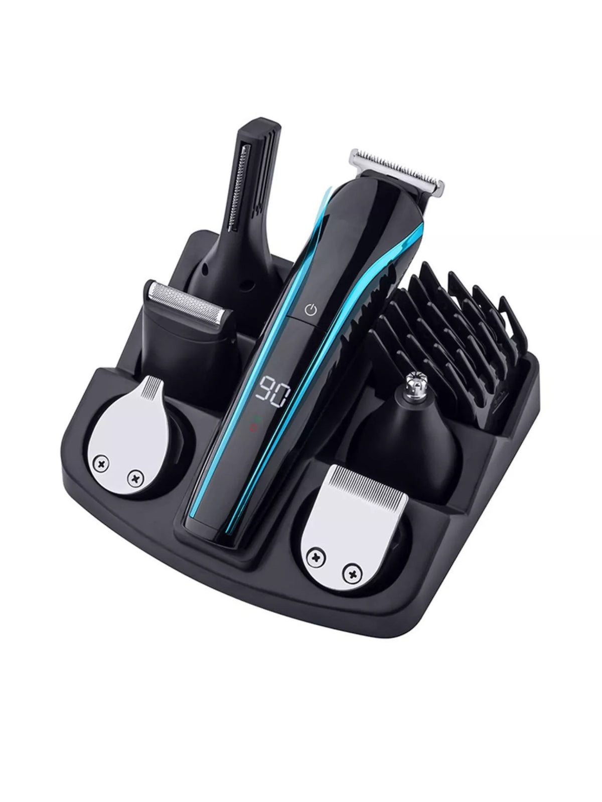 Rechargeable cordless hair clipper trim kit with sky blue accents and charging stand