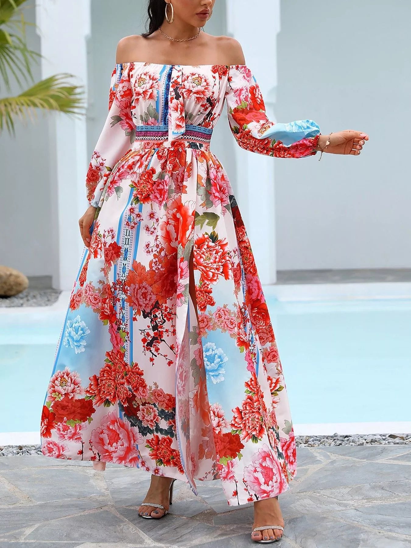 White base floral off-shoulder maxi dress with long sleeves and side slit