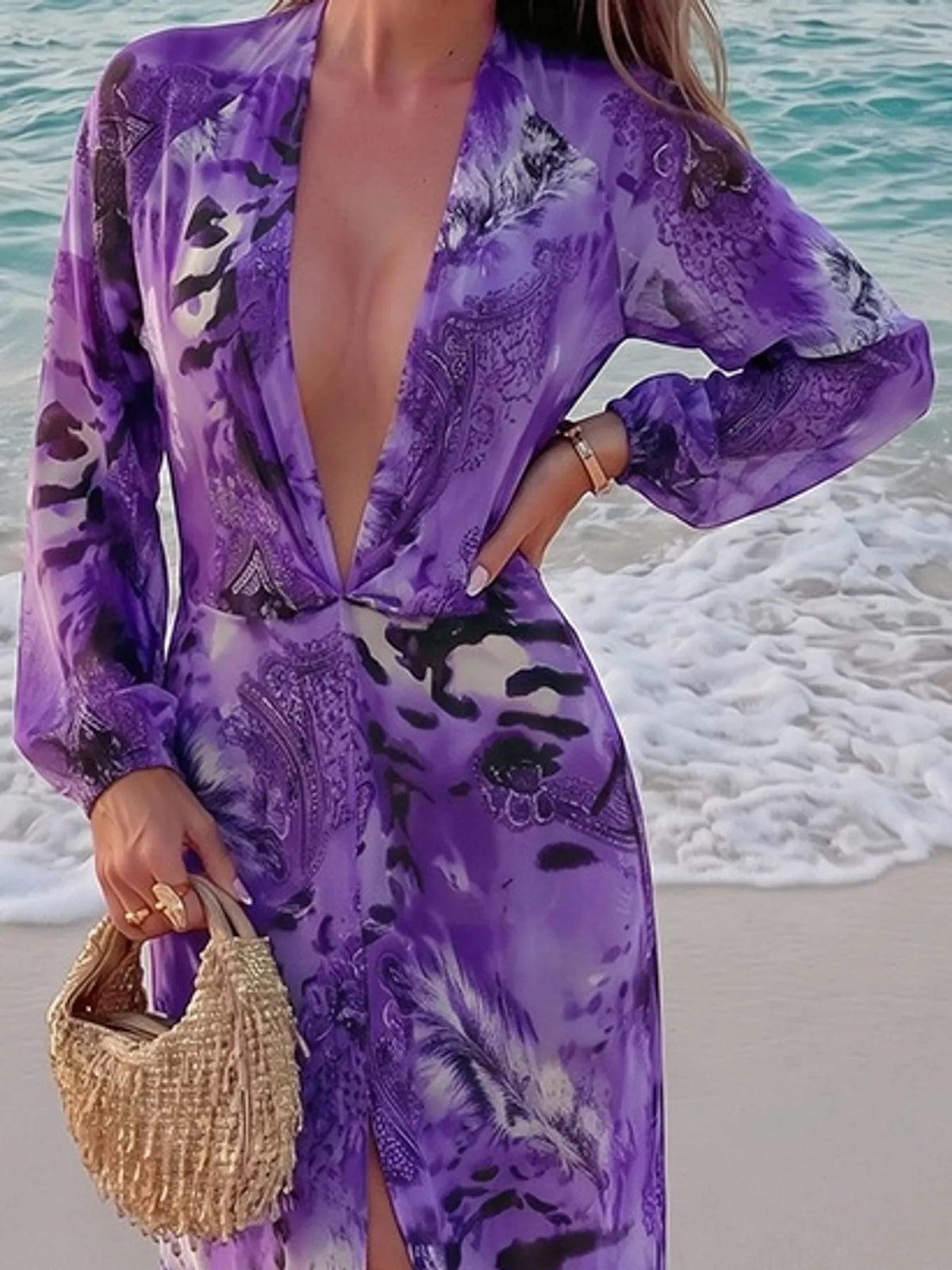 Purple deep V-neck maxi dress with long sleeves and abstract animal print