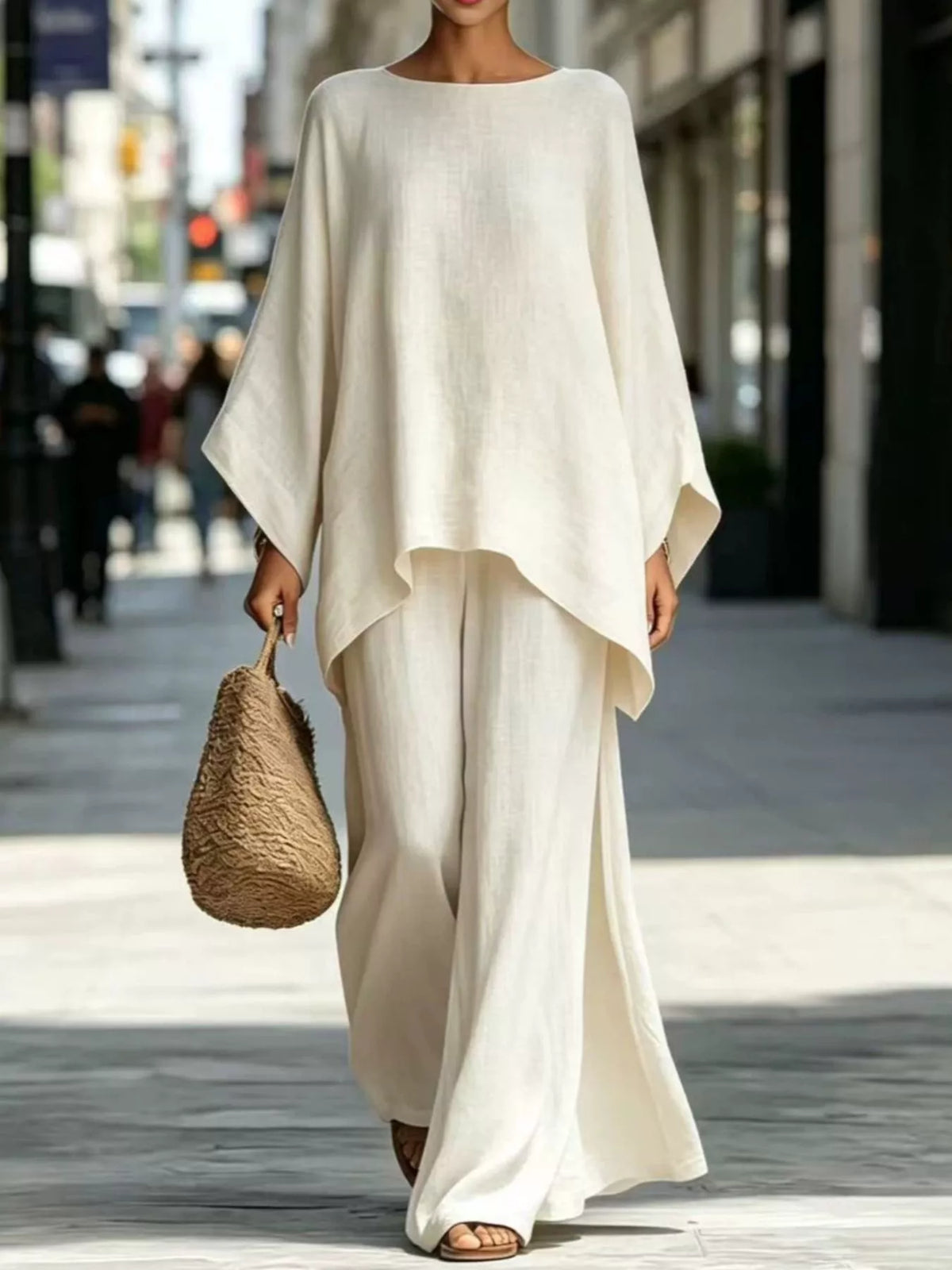 Two-piece batwing top and wide-leg pants set, light cream with draped kimono sleeves