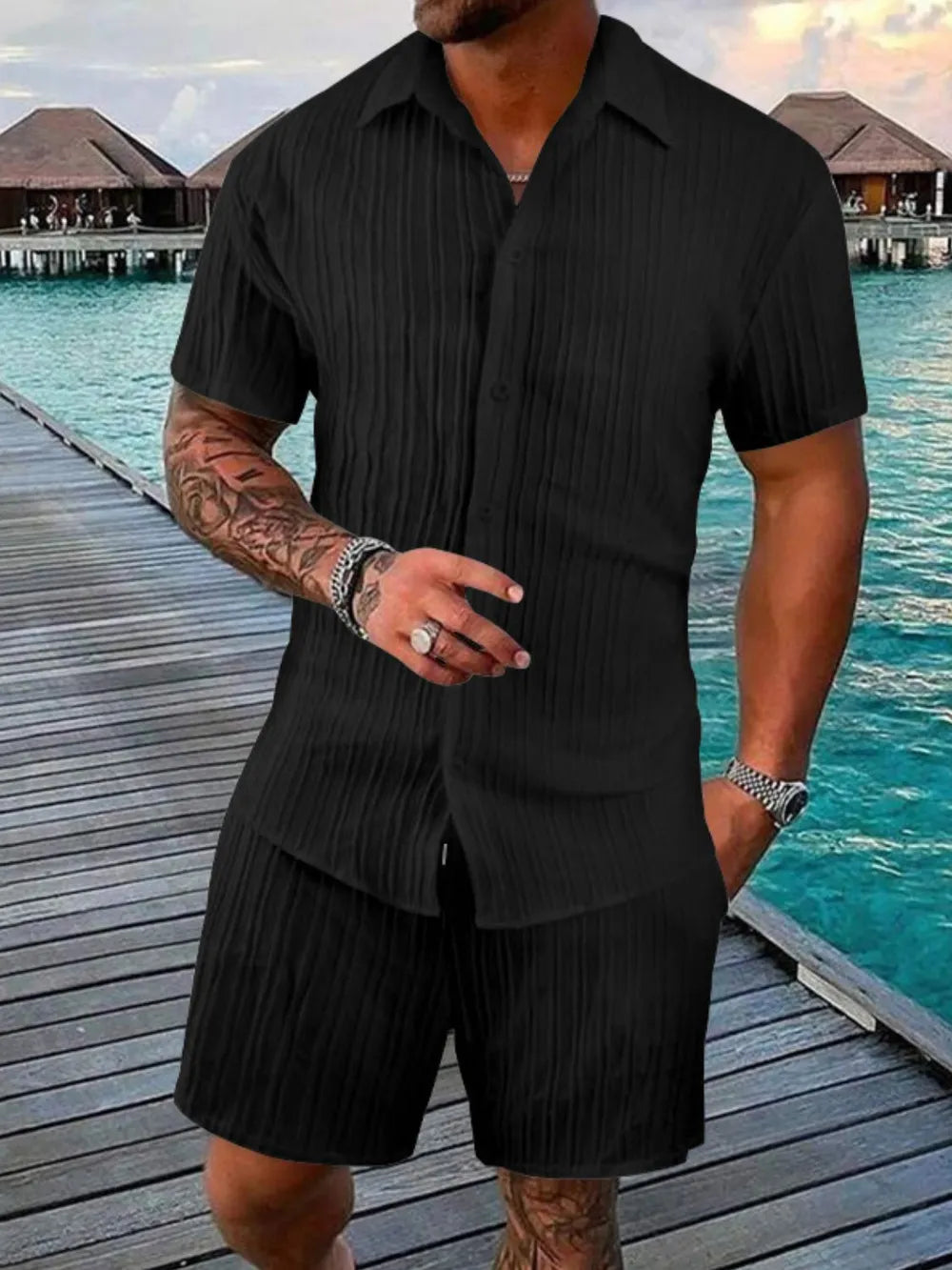 Men's short sleeve button-down shirt and shorts set, black striped texture