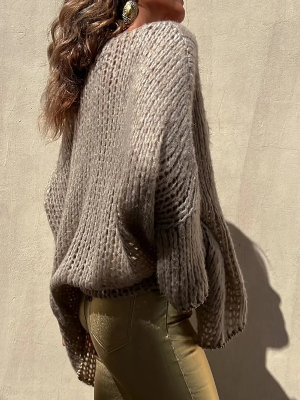 Camel textured knit long sleeve sweater with V-neck and loose cocoon fit