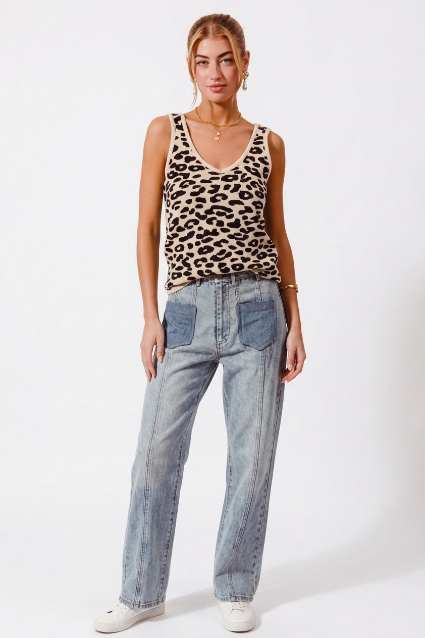 Cedar & Moore SO ME leopard knitted lightweight V-neck tank top in beige/black leopard print