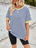 Striped round-neck half-sleeve T-shirt in blue and white with yellow ribbed trim