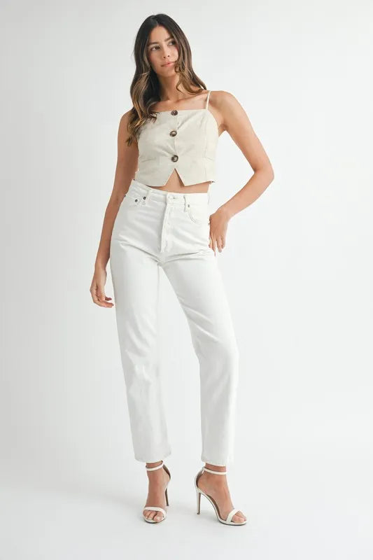 Oatmeal linen-mix button-down tank top, thin straps, square neckline, cropped fit