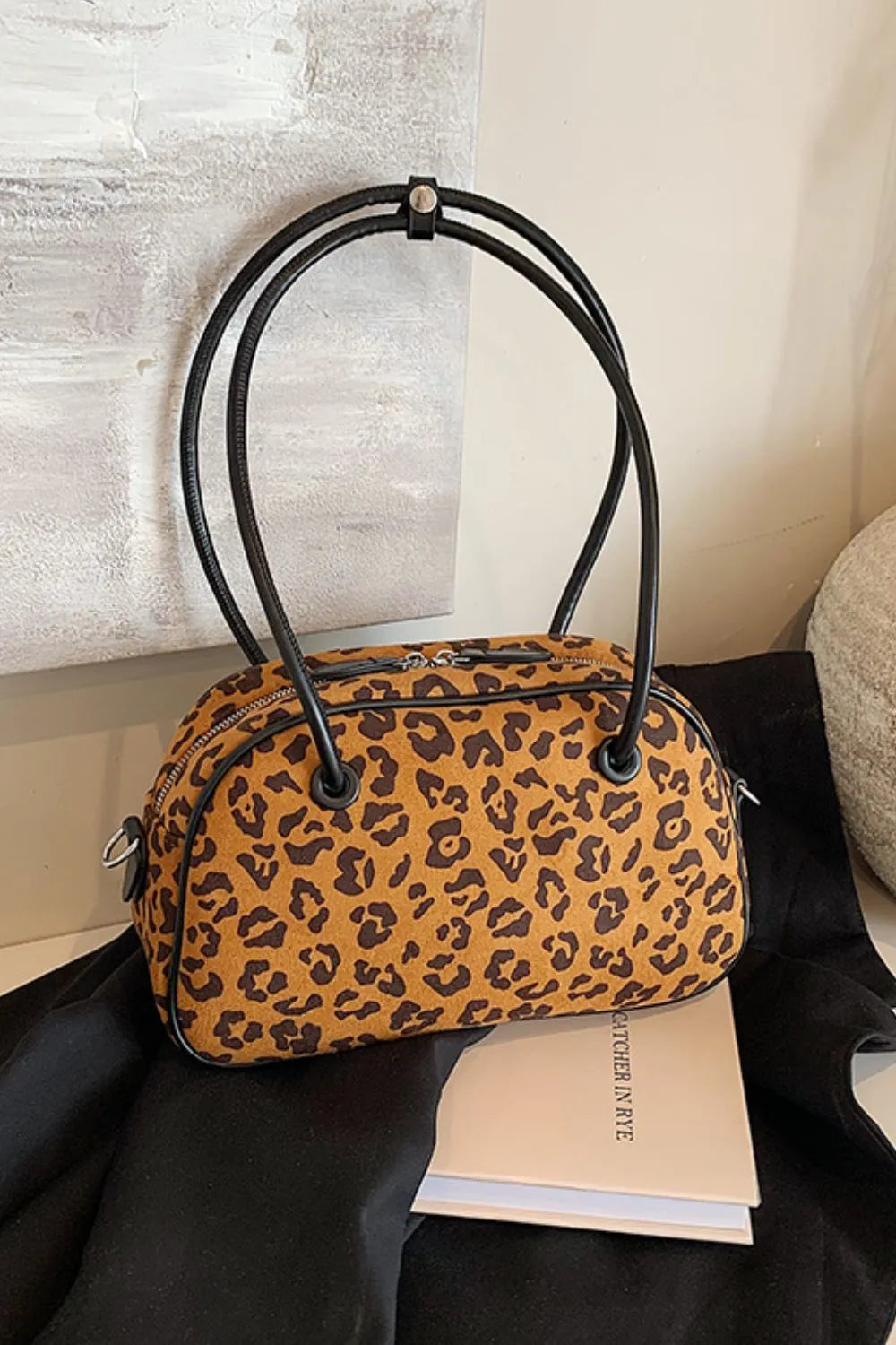 Caramel leopard suede medium shoulder bag with black top handles and zip closure