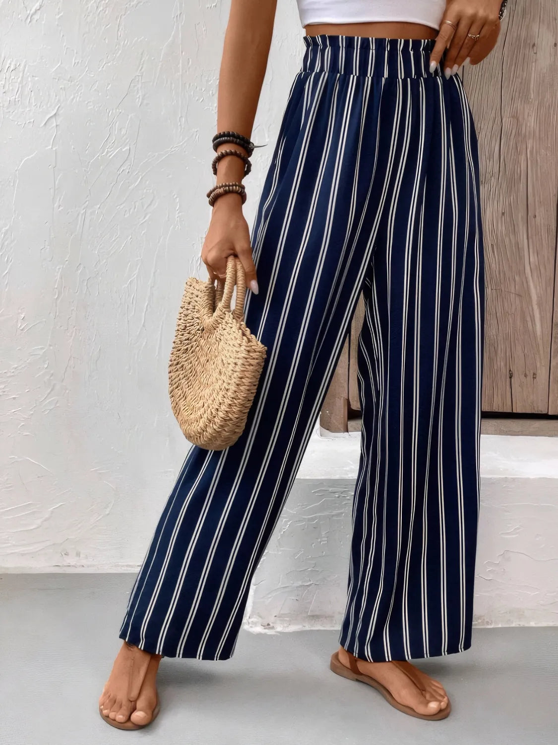 Dark navy striped wide-leg pants with elastic waistband, loose wide-leg trousers