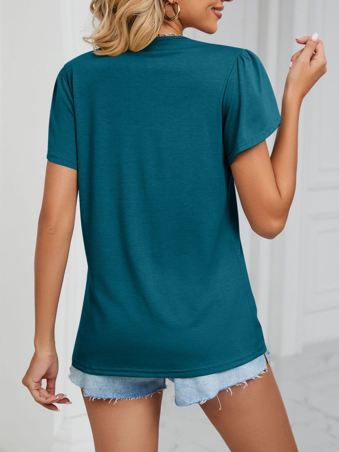 Cedar & Moore V-Neck Petal Sleeve Top teal with lace detail, back view