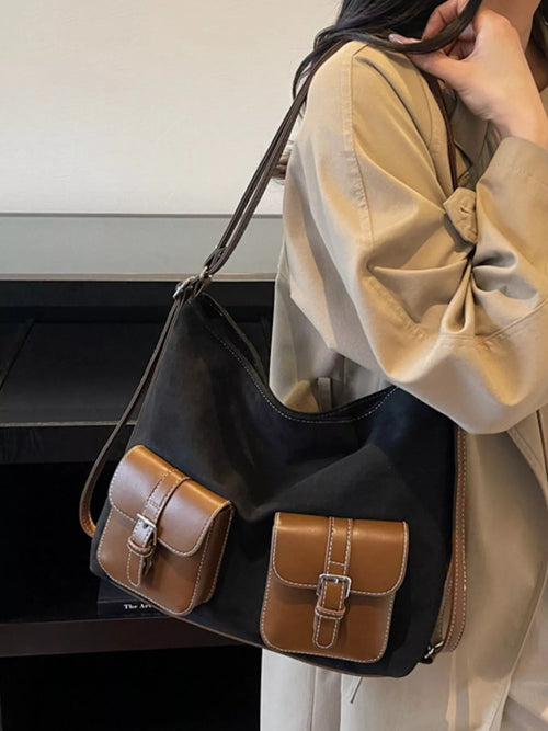 Buckle pocket shoulder handbag, dark main with two brown front flap pockets