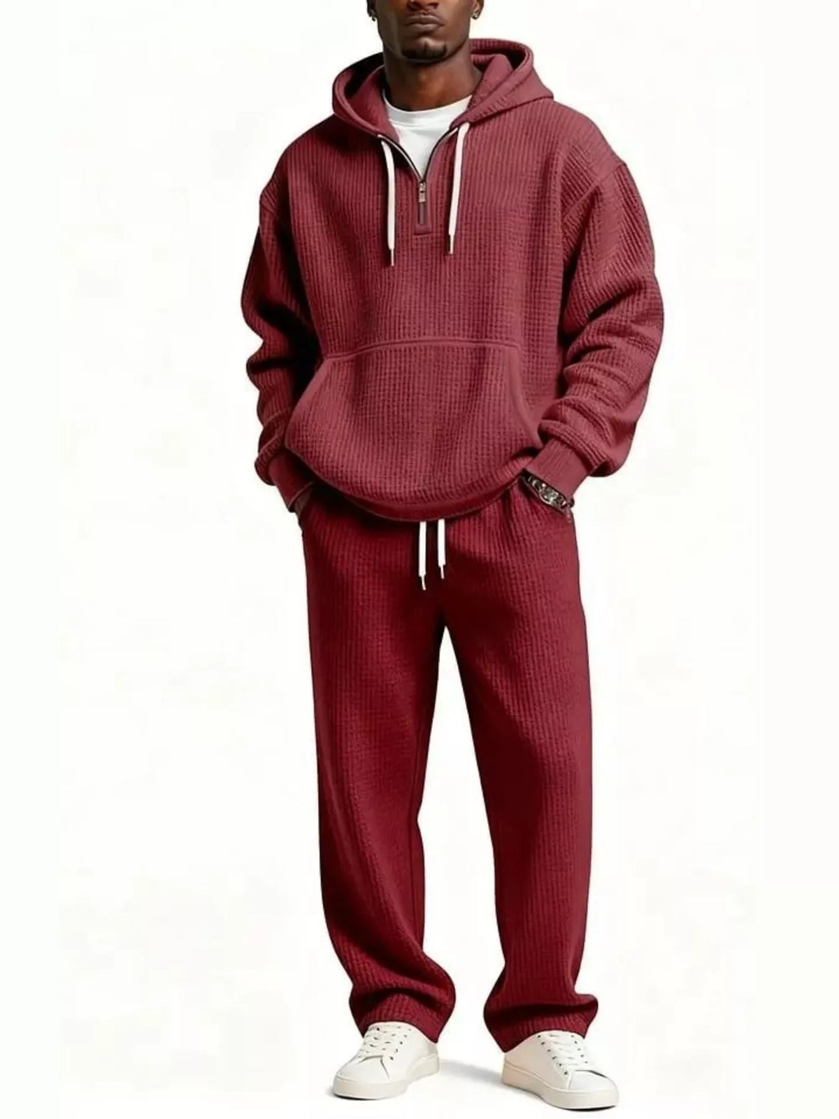 Rust red waffle knit hoodie and jogger pants set for men, hood with drawstrings