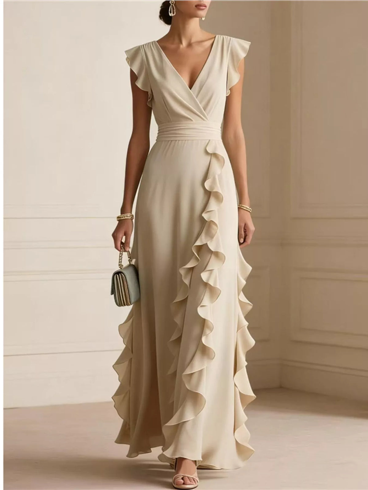 Sleeveless ruffled high-waist maxi dress in light apricot with V-neck and tiered skirt ruffles
