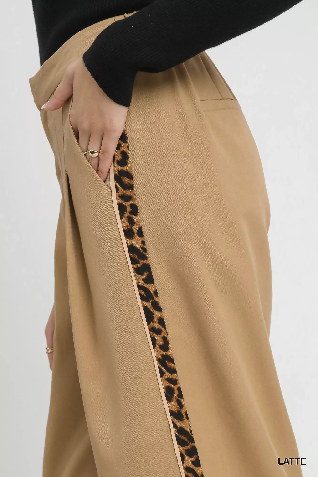 Latte wide-leg pants with leopard contrast side stripe and stitched seam detail