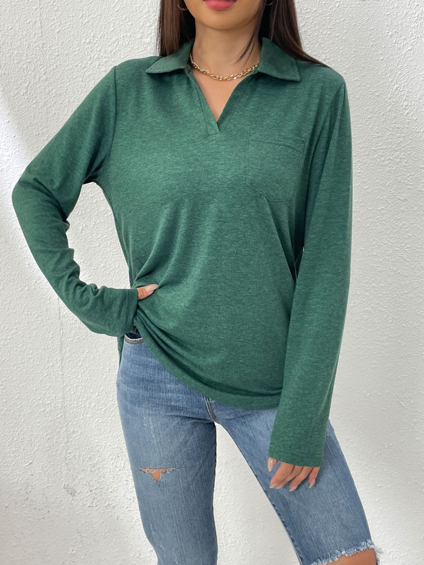 Cedar & Moore collared neck long sleeve tee with chest pocket in emerald green