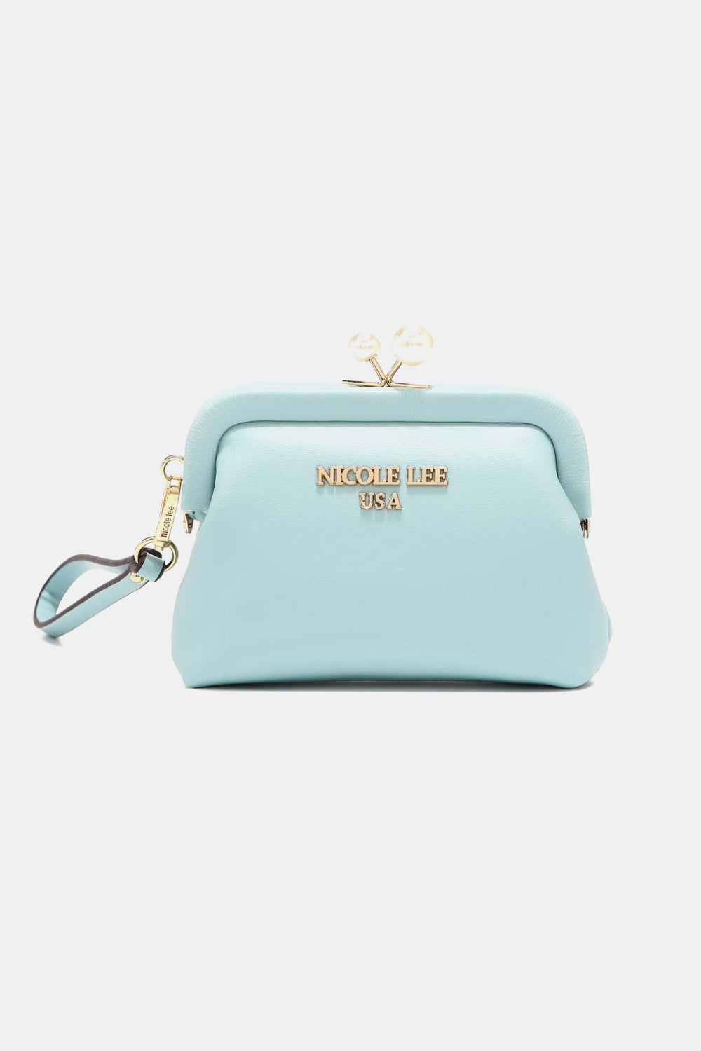 Nicole Lee USA Elise pearl coin purse, light blue with pearl clasp and wrist strap