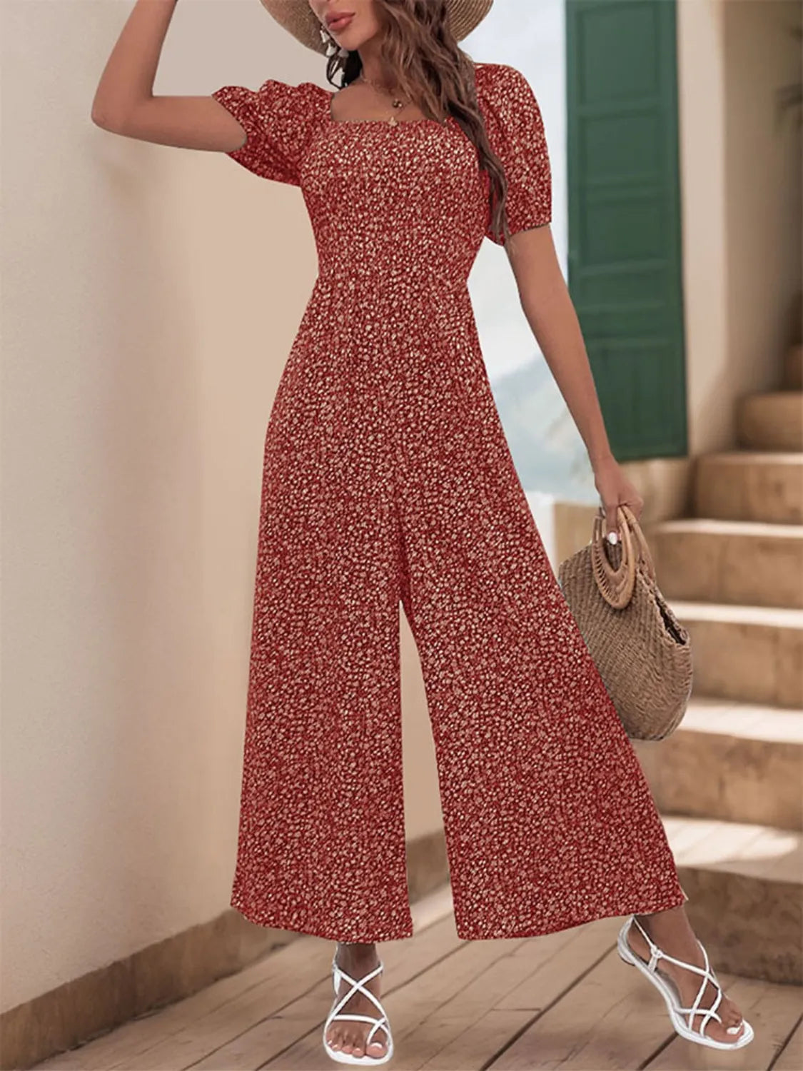 Maroon printed square-neck puff sleeve jumpsuit with flowy wide legs
