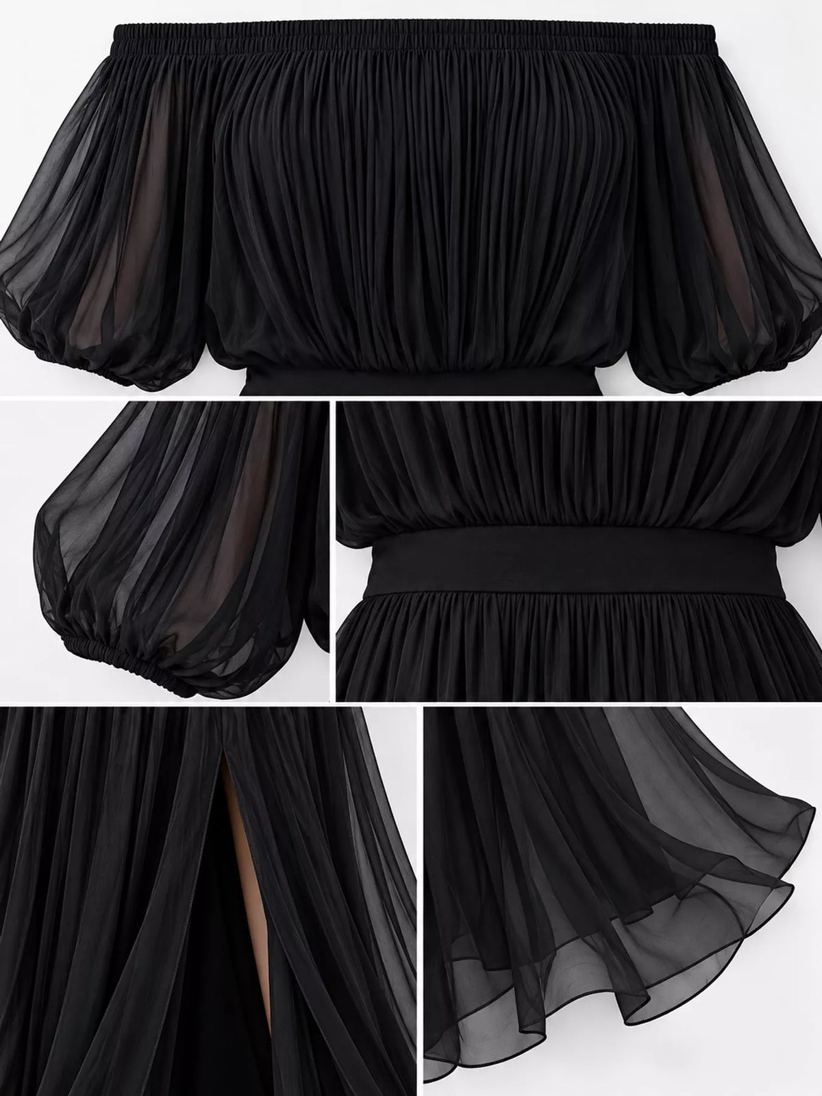 Black chiffon maxi dress detail: ruched off-shoulder, gathered waist, layered sheer skirt