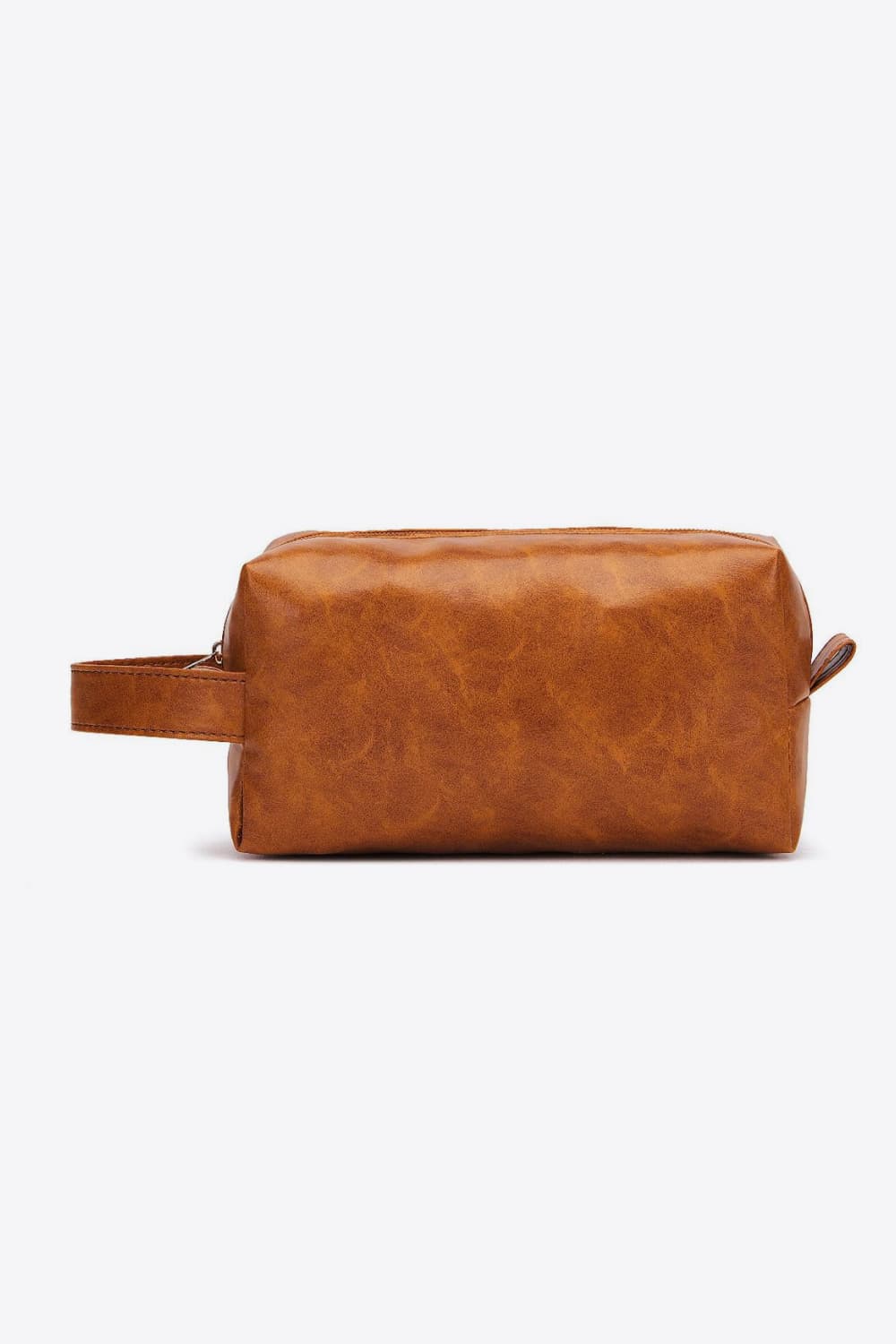 Mocha-brown vegan leather makeup bag with top zipper and side handles