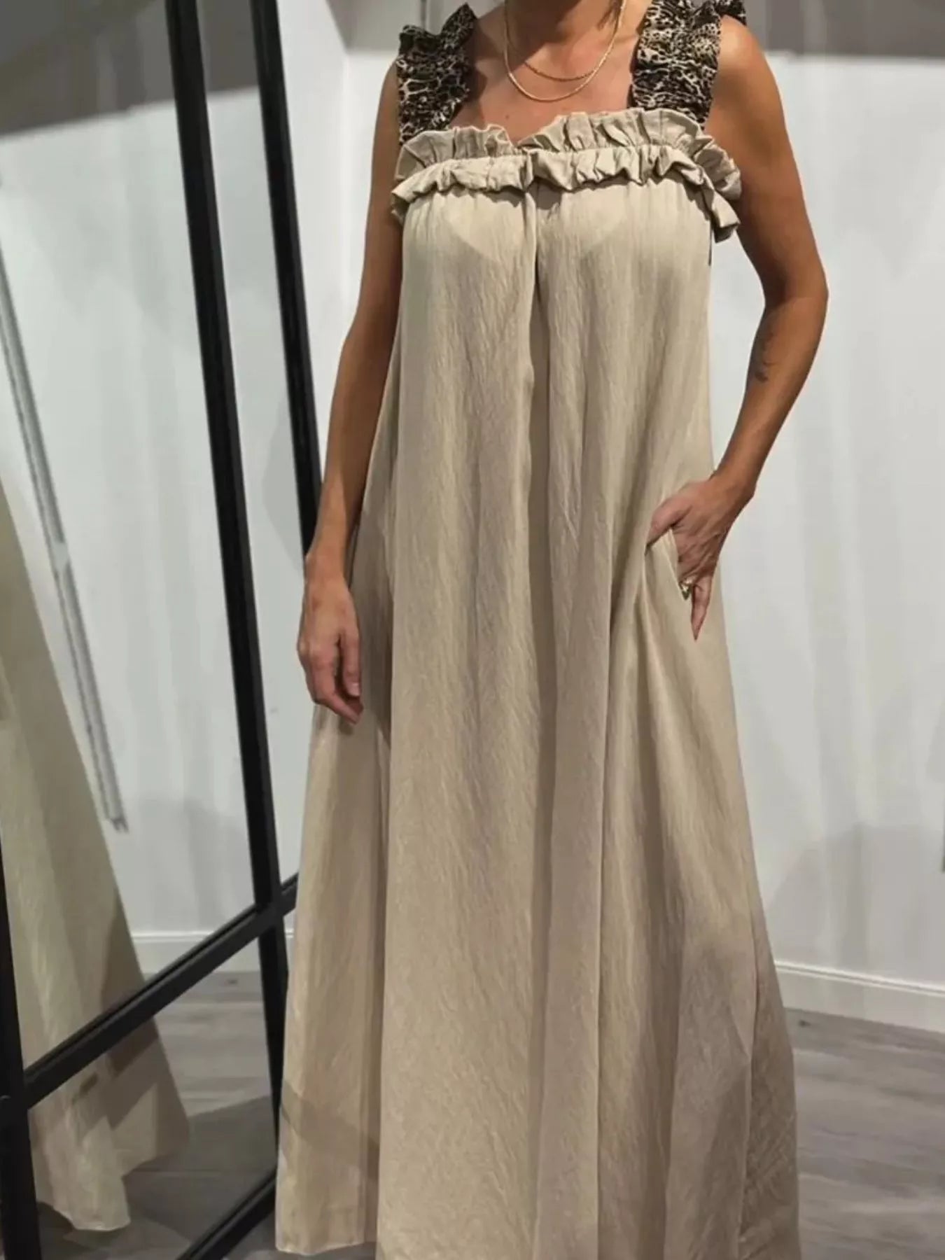 Plus-size beige maxi dress with ruffled straps and pockets