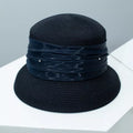 Cedar & Moore Ribbon Detail Hat in black straw with navy ribbon wrap and rhinestones.