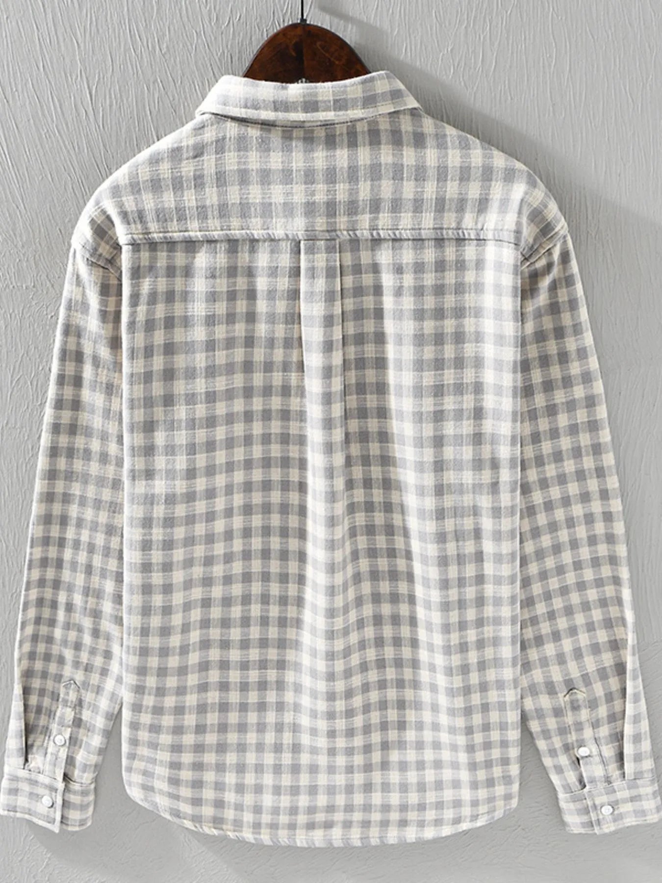 Men's plus-size plaid button-down shirt, light plaid back view with yoke seam