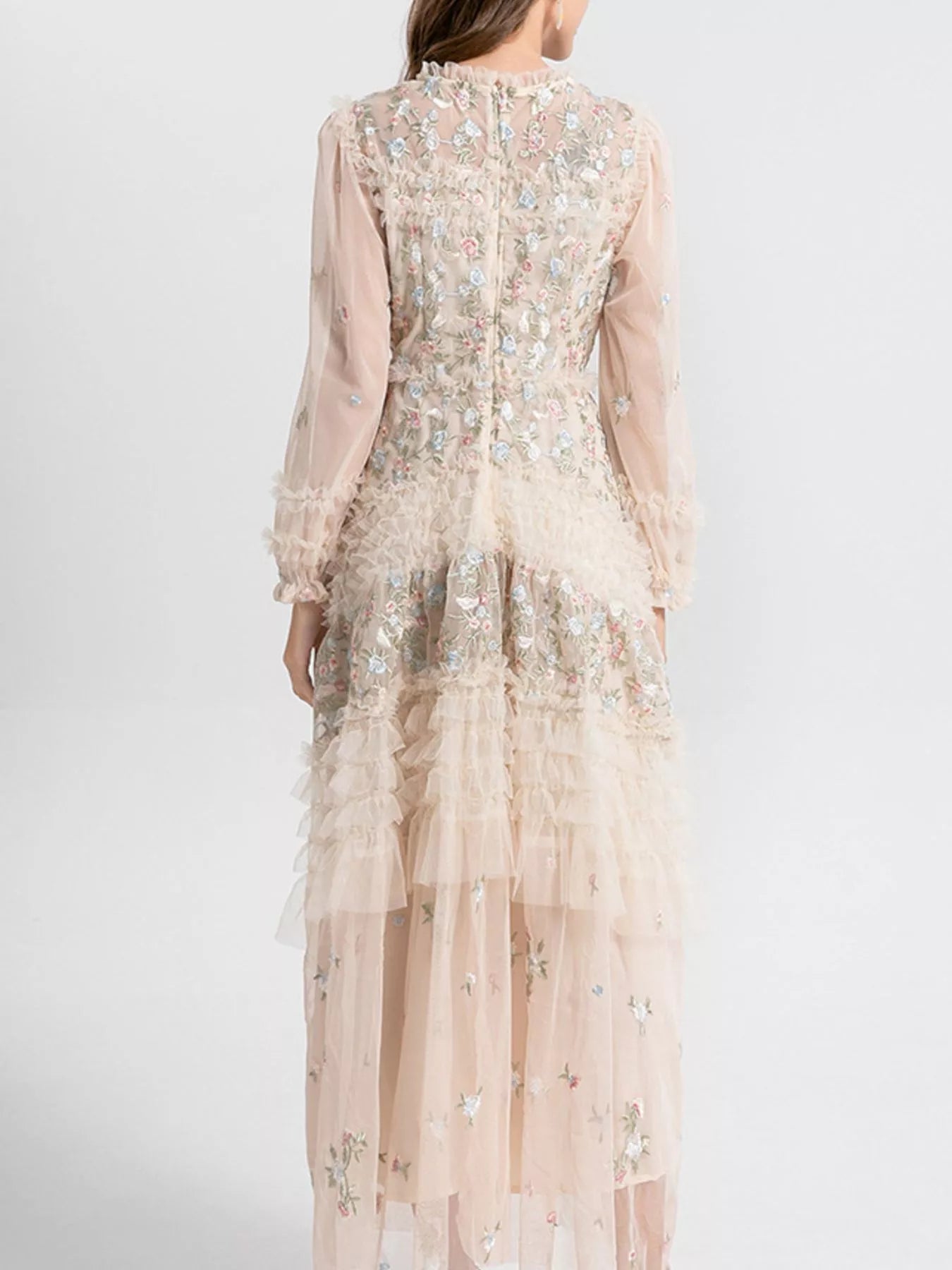 Cedar & Moore Floral Tulle Layered Maxi Dress by Trendsi in blush nude with lace, embroidered mesh