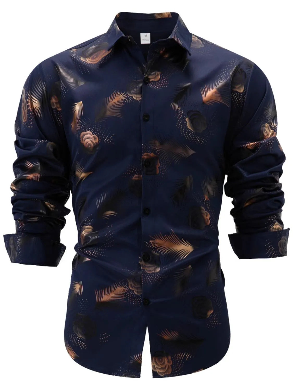 Men's button-up long-sleeve shirt in dark navy with all-over rose and feather print