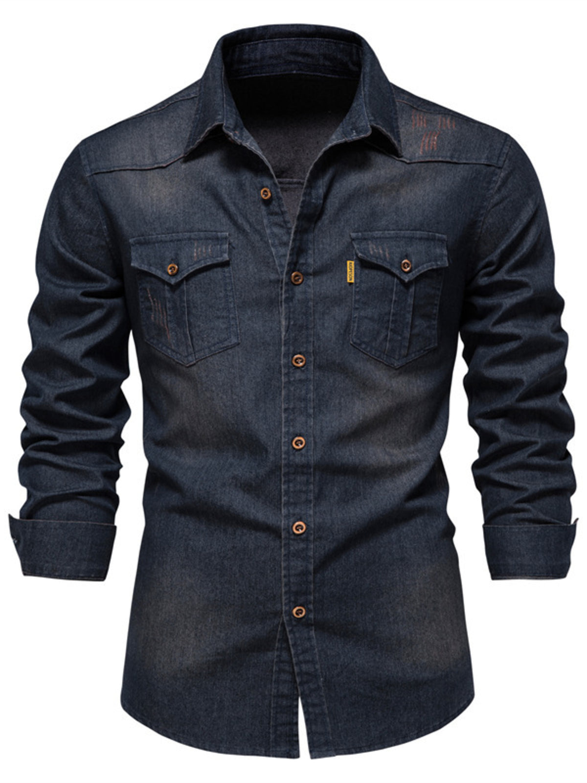 Men's dark blue denim button-up shirt with chest pockets, long sleeves