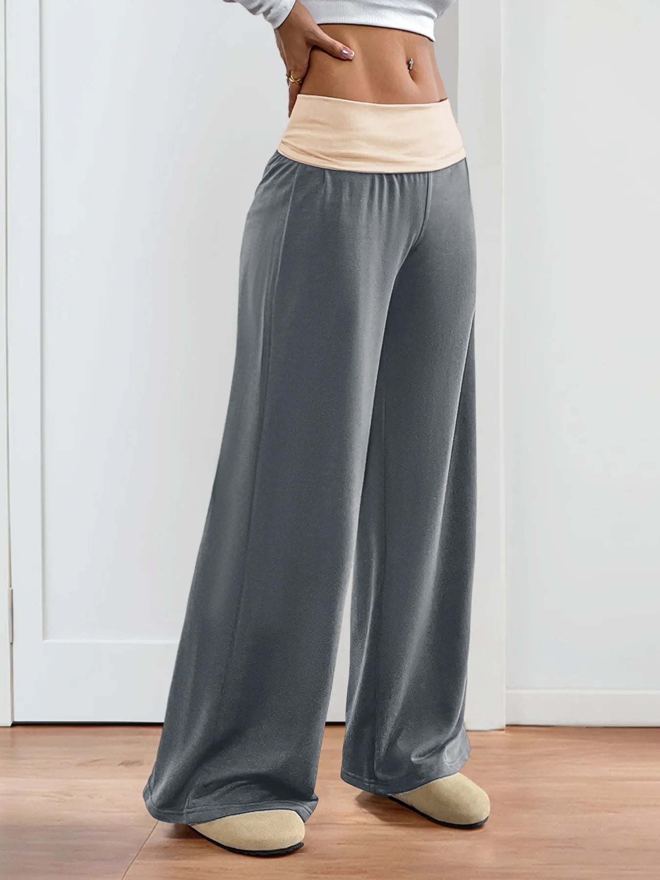 Dusty blue wide-leg pants with contrast cream waistband, elastic waist, full length