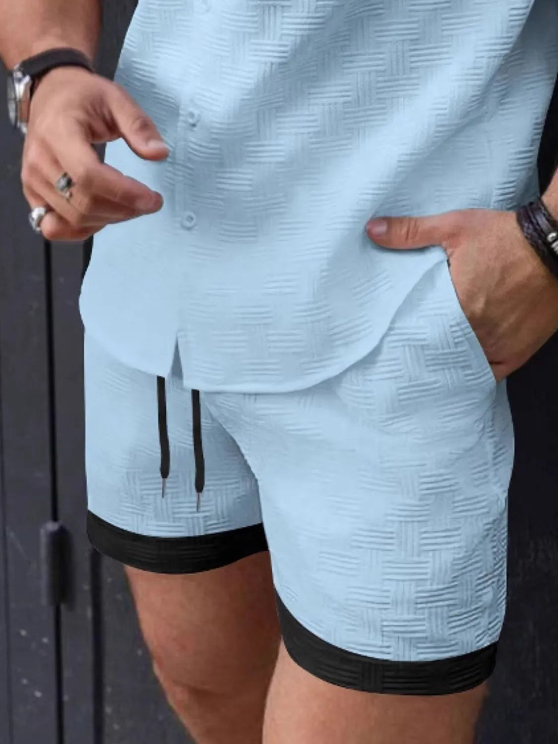 Men's drawstring textured shorts, light blue with black trim and side slit