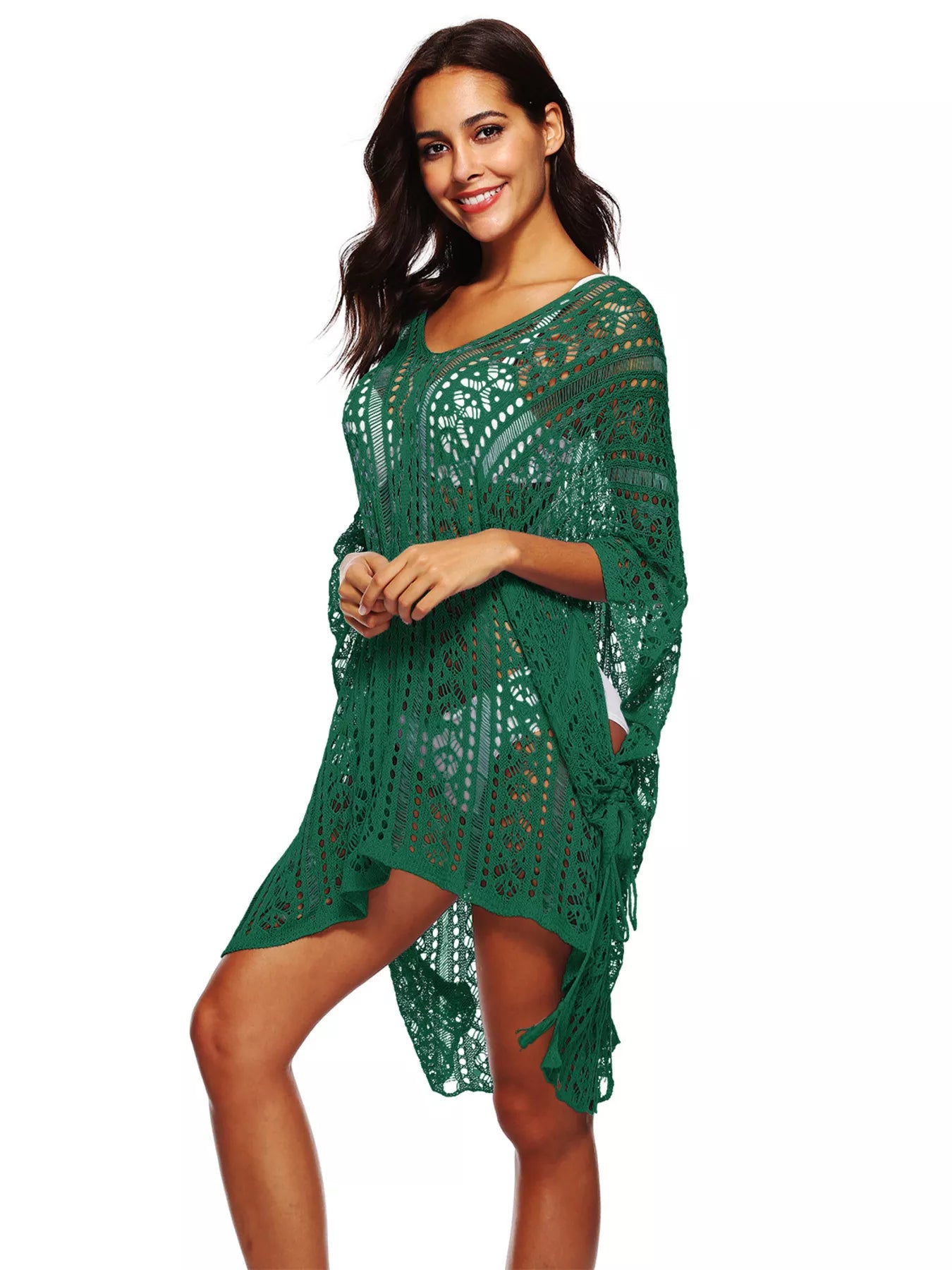 Dark green crochet v-neck cover-up with loose sleeves and patterned openwork hem