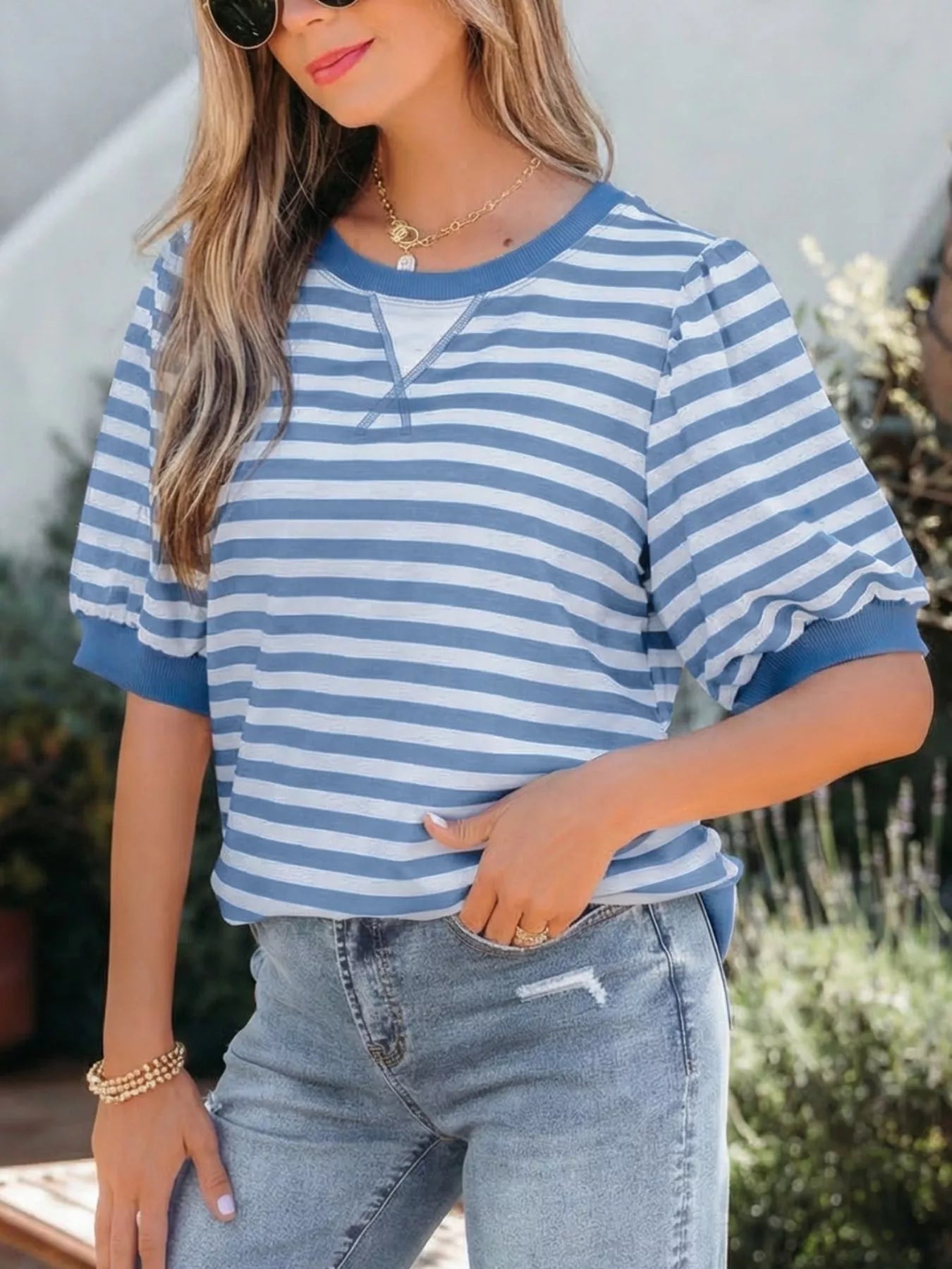 Cedar & Moore Stripe Short Bubble Sleeve T Shirt in blue and white stripes, Trendsi basic tee.