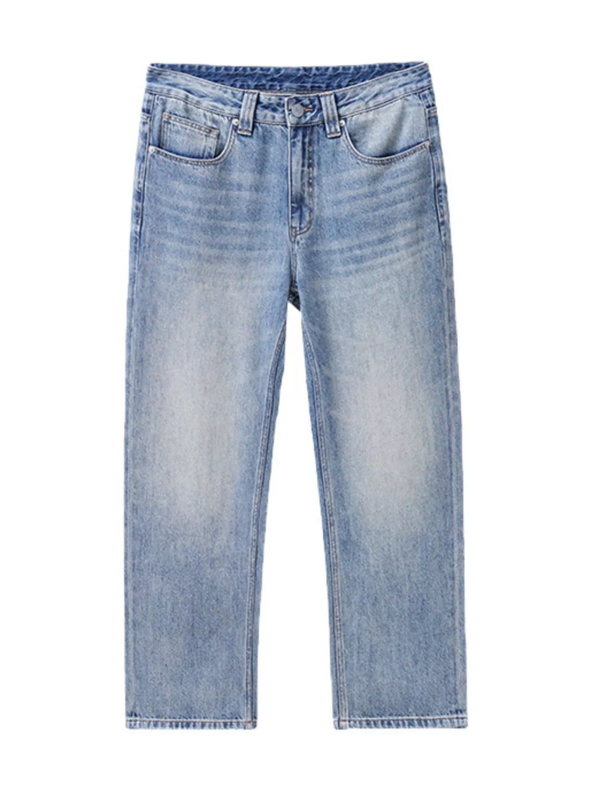 Blue vintage-wash denim jeans, loose fit with front fly and five-pocket design
