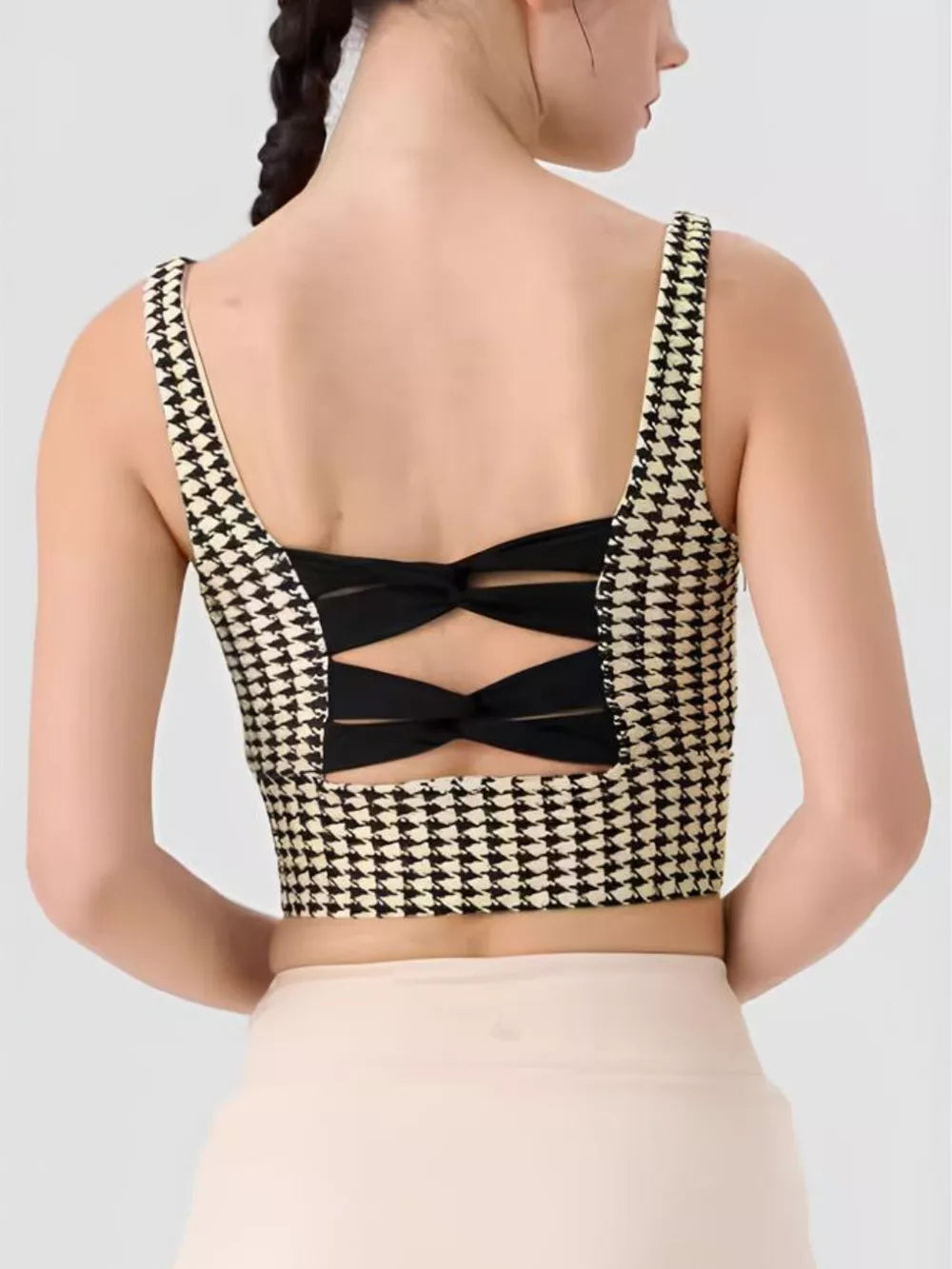 Houndstooth active bra with crisscross straps and open back panel, black-and-white
