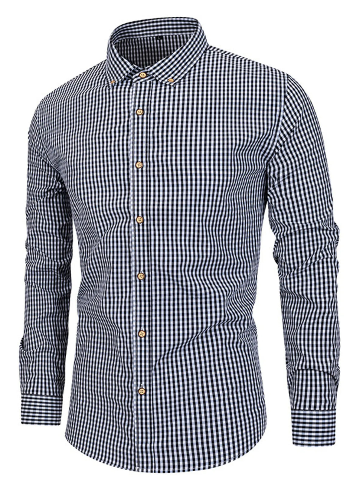 Men's black gingham button-down shirt with long sleeves and collar buttons