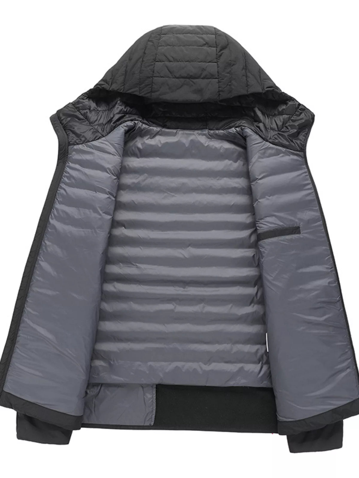 Men's dark gray lightweight hooded puffer jacket with full-zip, quilted lining
