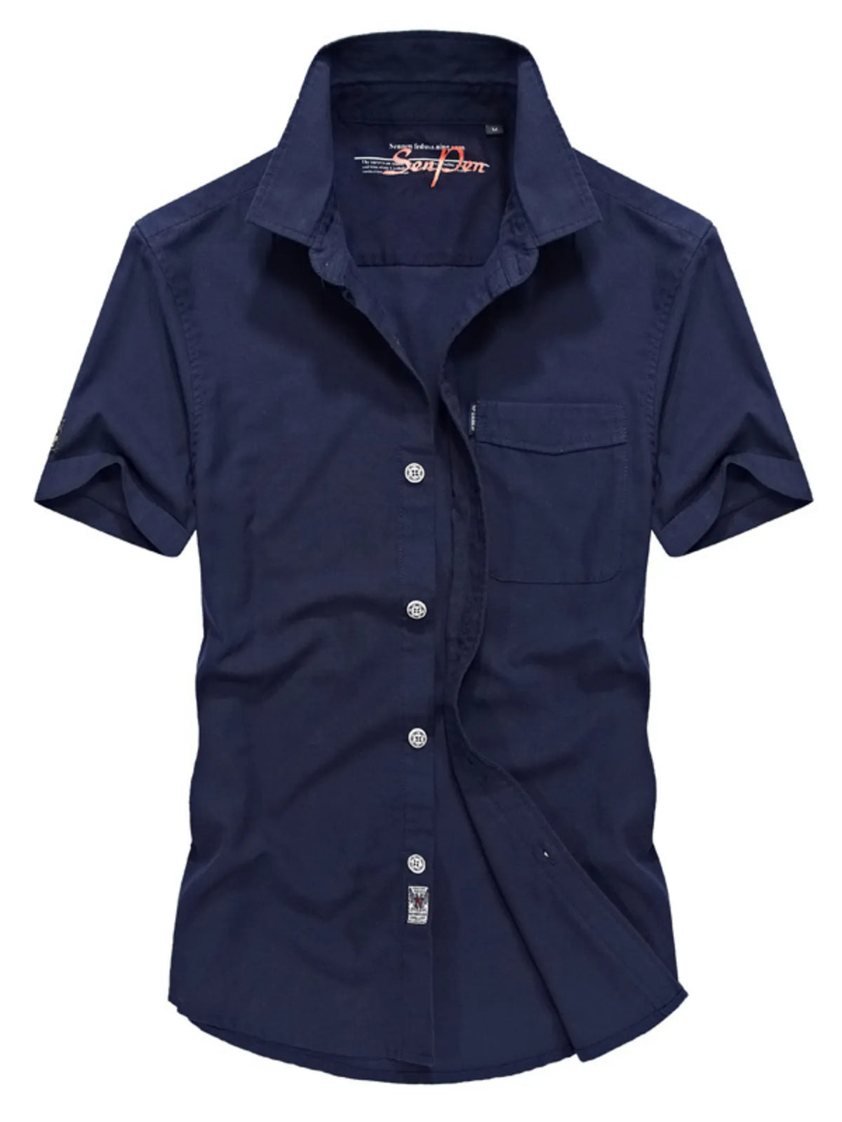 Men's short-sleeve button-down shirt in dark blue, chest pocket, button front