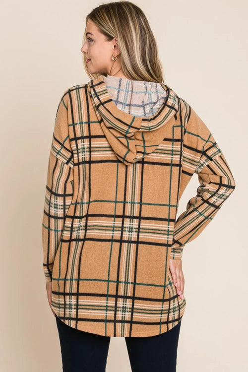 Taupe plaid long-sleeve hoodie with hood and kangaroo pocket, rear view