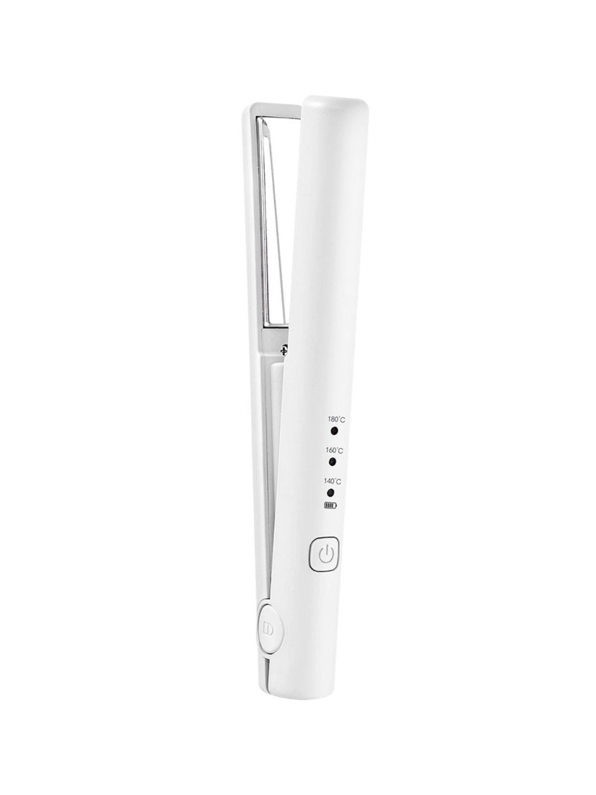 White cordless rechargeable mini hair straightener, side view with control buttons