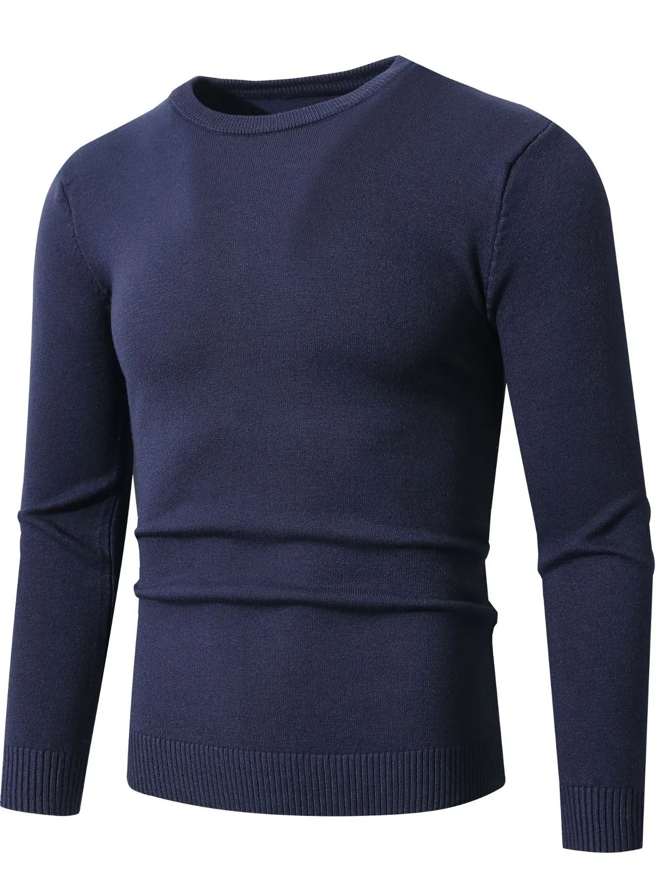 Men's long-sleeve ribbed-hem sweater in navy blue knit