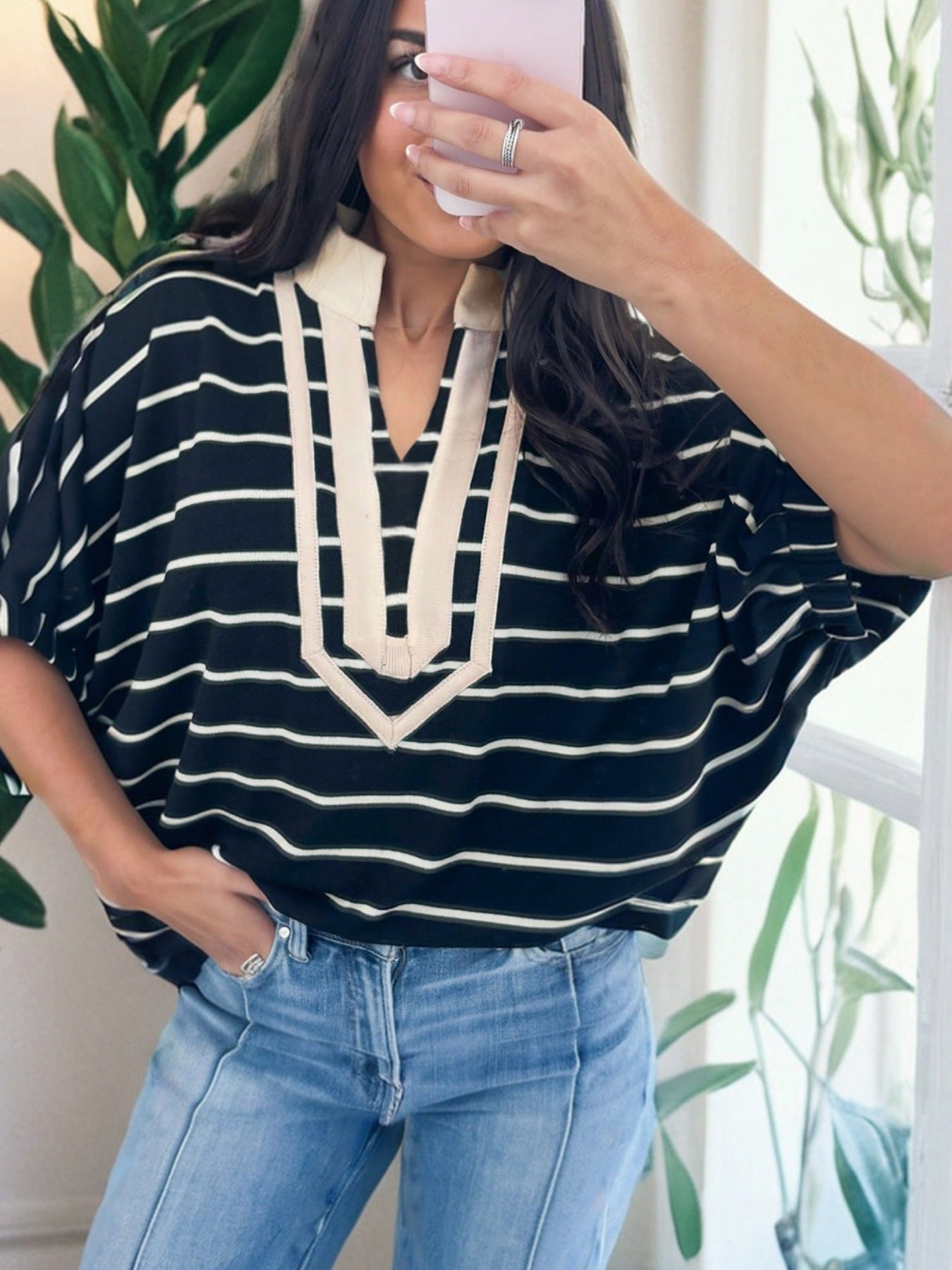 Cedar & Moore Stripe dolman top with black/white stripes, beige V-neck trim, half sleeves