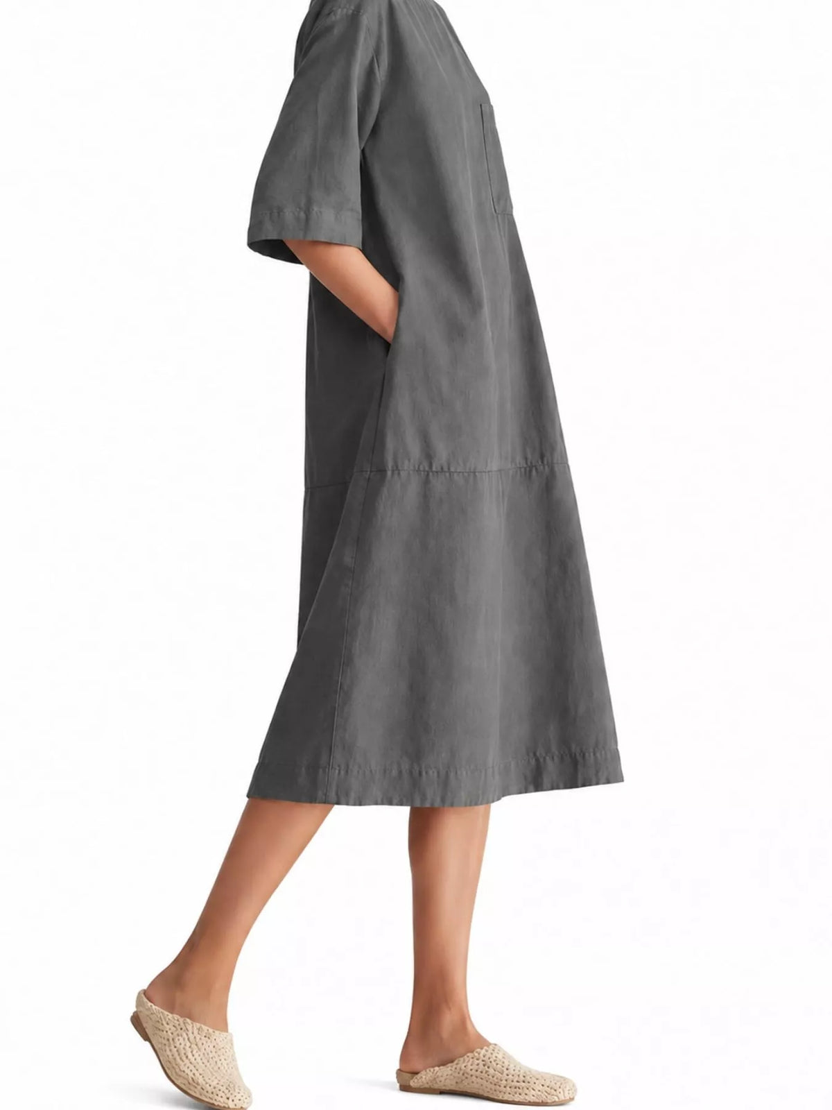 Gray linen-blend midi dress in side view, with loose fit, short sleeves and pockets