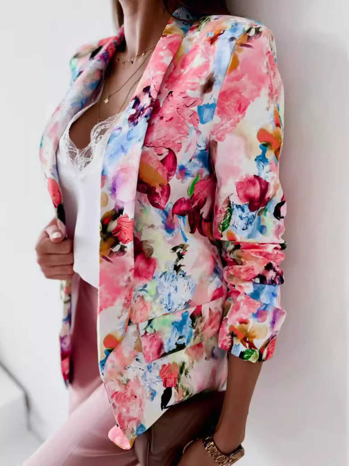 Floral print open-front blazer with patch pockets, pink and blue flower print, 3/4 sleeves