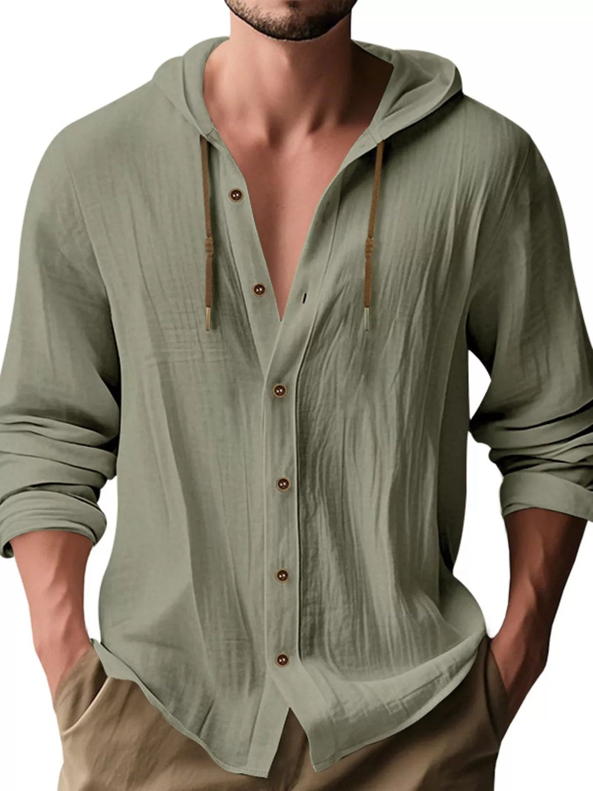 Men's olive green linen hooded button shirt with drawstring, long sleeves