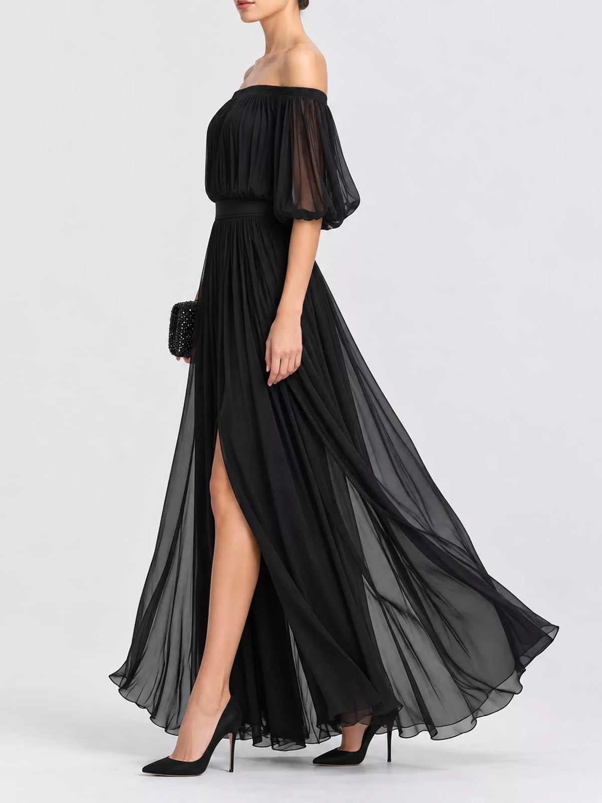 Black off-shoulder chiffon maxi dress with ruched bodice, puff sleeves, and side slit